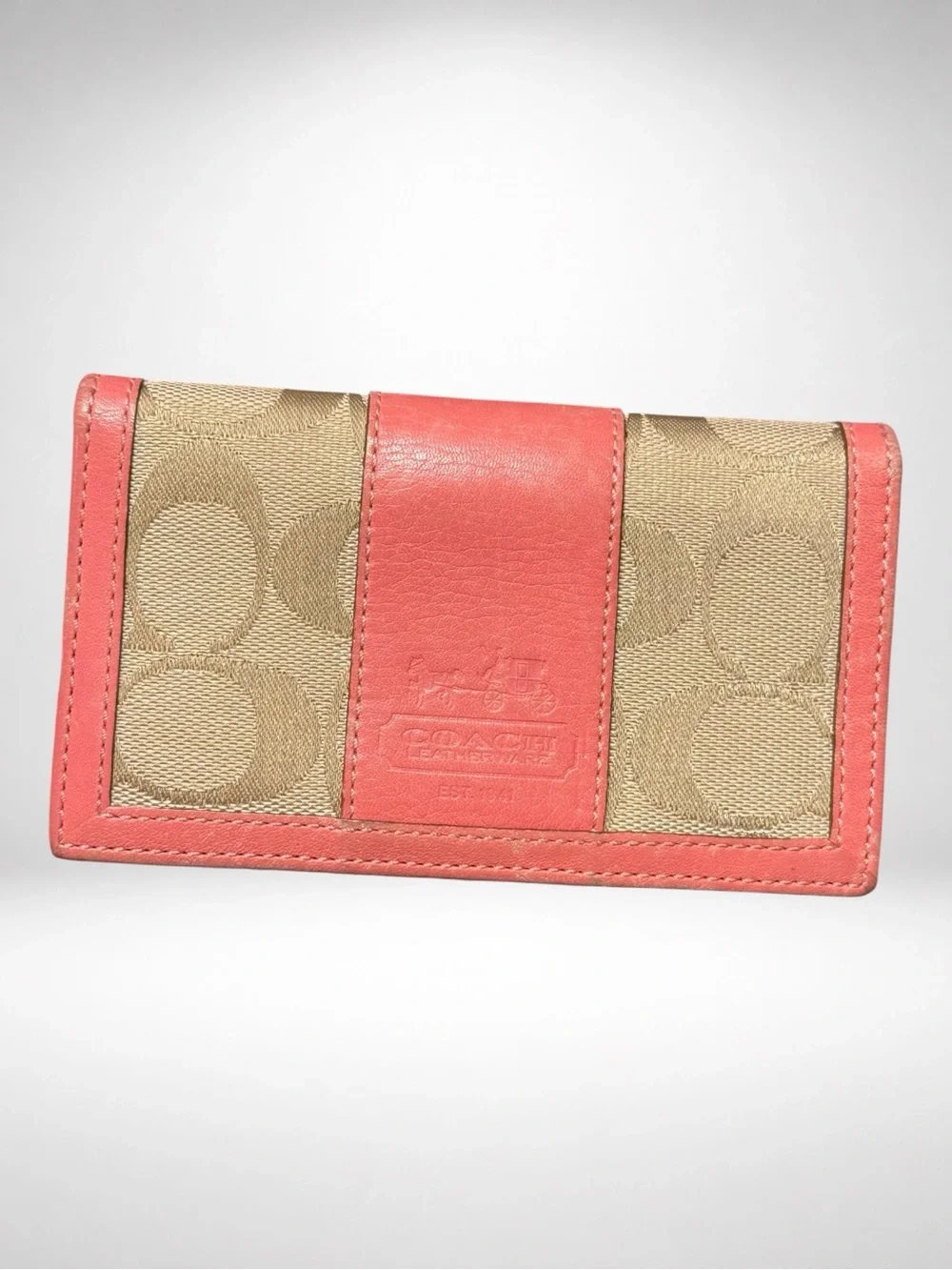 COACH Signature Card Case Wallet Khaki Coral Pink Leather Bifold Vintage Y2K